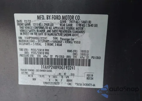 2013 Ford Taurus Sel из США, поврежденный, VIN 1FAHP2H89DG193241